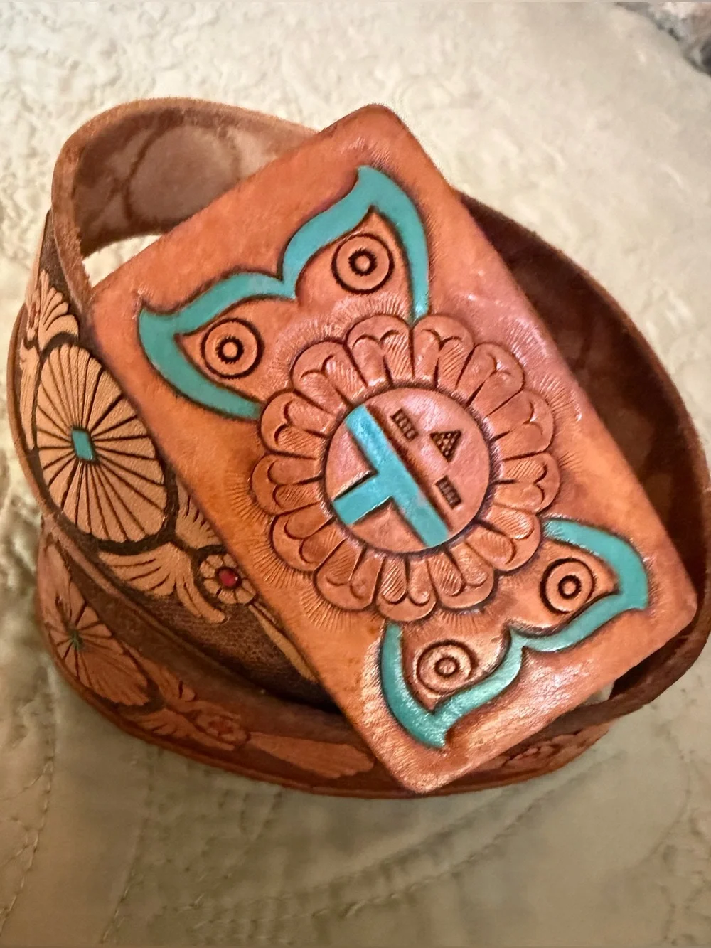 Stunning VTG Tooled Leather Zuni Sun Hand Painted Western Boho Belt Aztec, L